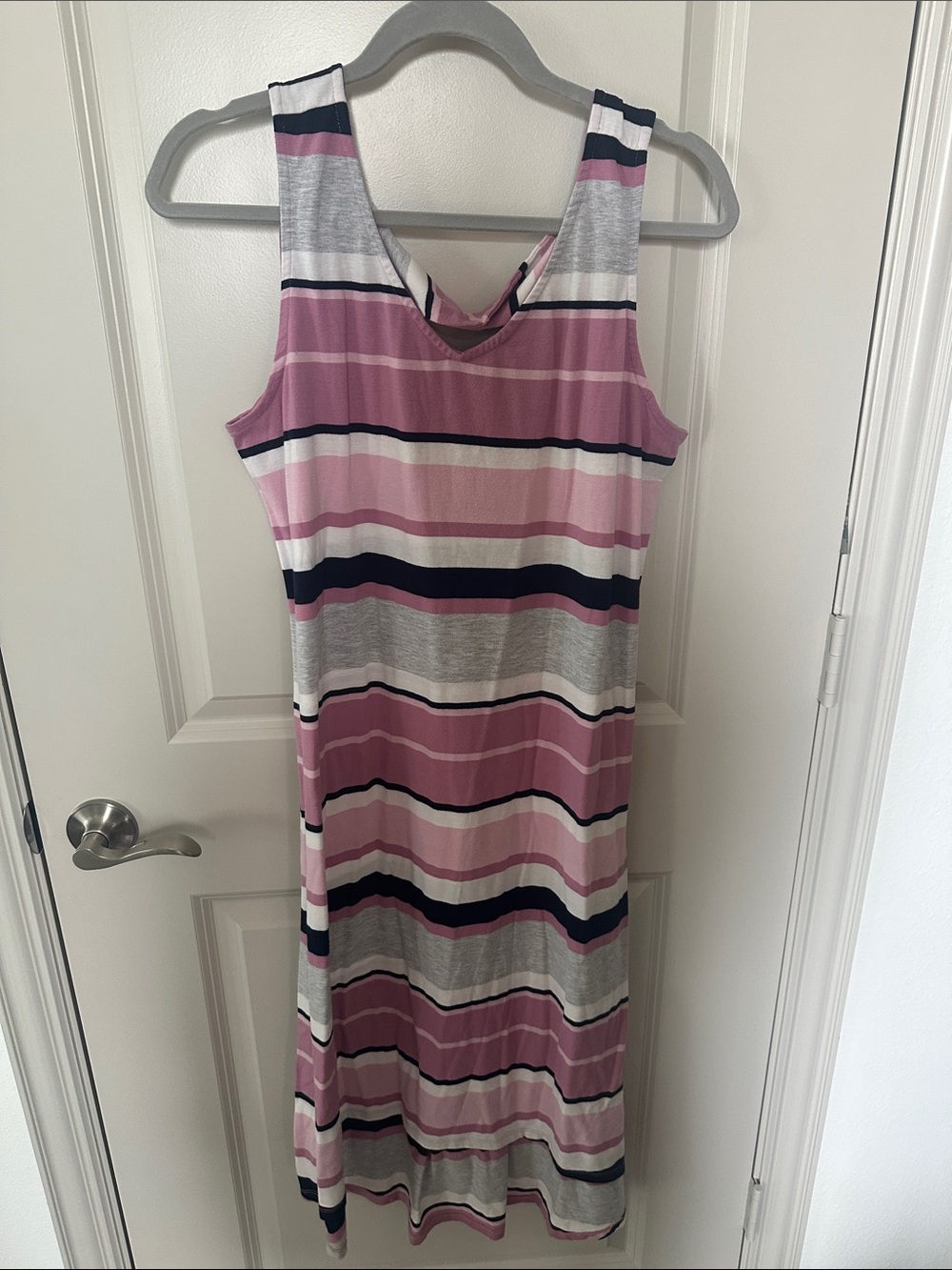 Sunday Striped Sleeveless Maxi Dress in Pink, Navy, Gray & White